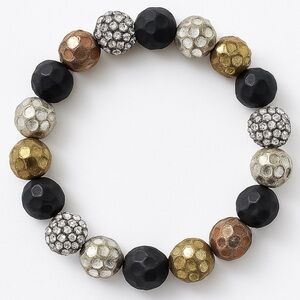 Mixed Metal Textured Stretch Bracelet With Rhinestone Beads
